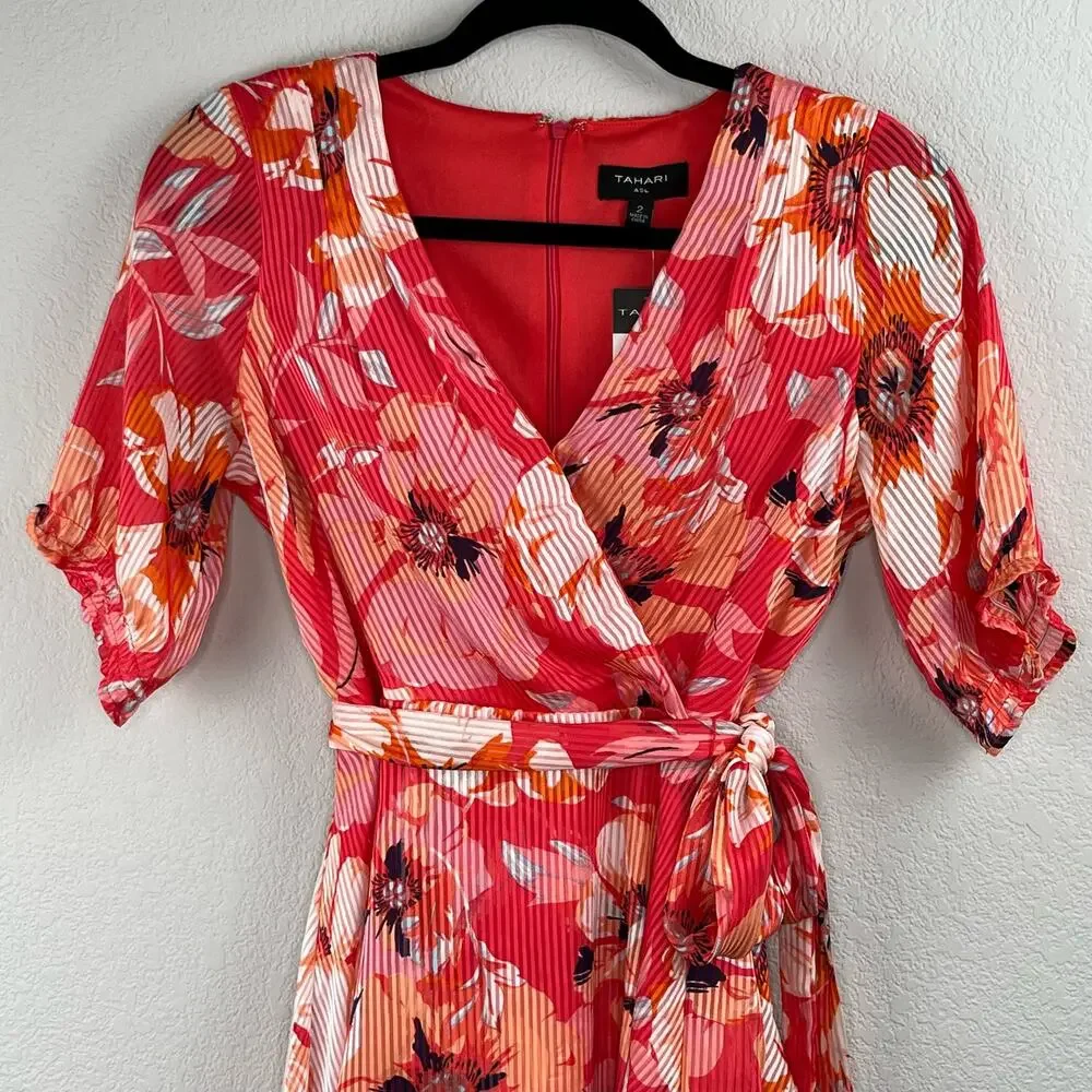 Tahari ASL Pink Floral Ruffle Hem Dress V-Neck Tie Waist Bridal Shower 2 NWT - Picture 6 of 16